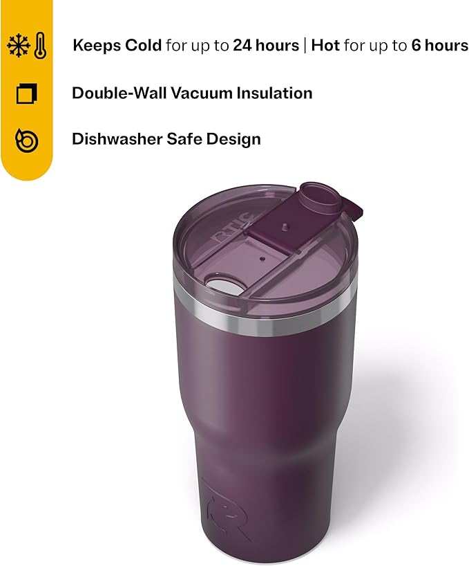 RTIC 30oz Essential Tumbler with Lid, Ceramic Lined, Insulated, Stainless Steel, Metal, Double Wall Vacuum-Insulation, Travel Cup for Iced Coffee, Tea, Hot and Cold Drink, Plum