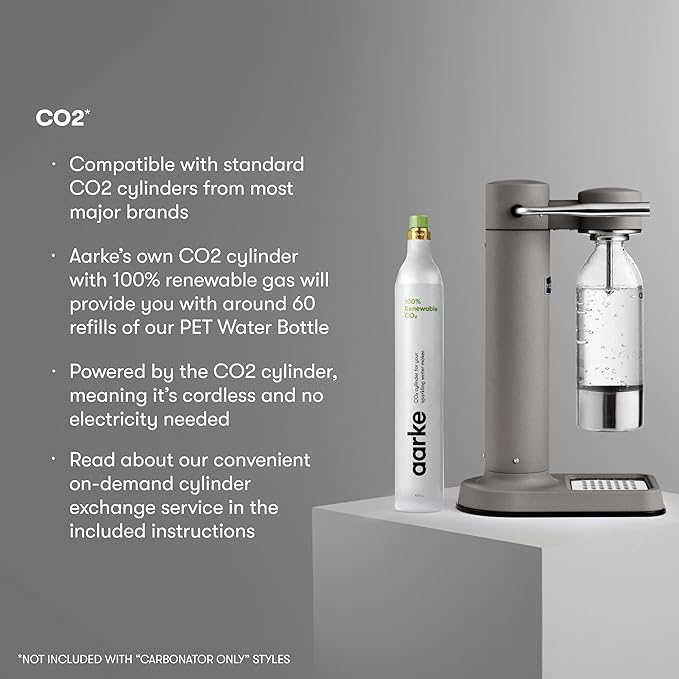 Aarke Carbonator lll with CO2 Cylinder, Sparkling & Carbonation Water Machine, Stainless Steel with PET BPA-Free Reusable Bottle Volume 1L/34 fl oz (Matte Grey)