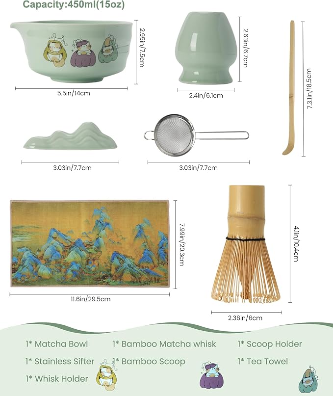 Matcha Whisk Set, 7 Pcs Japanese Matcha Kit with Ceramic Cat Print Bowl-430ml/15oz, Bamboo Whisk & Holder, Scoop, Scoop Rest, Sifter & Tea Towel, Complete Matcha Tea Set for Beginners-Green