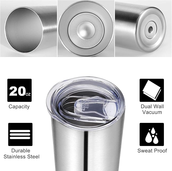 VEGOND Stainless Steel Skinny Tumbler, 20 oz Vacuum Insulated Tumbler with Lid and Straw, Double Wall Coffee Cup, Travel Mug for Cold Hot Drinks, Stainless Steel 1 Pack