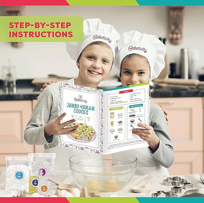 BAKETIVITY Kids Baking DIY Activity Kit - Bake Delicious Yum&m Jumbo Cookies- Real Fun Little Junior Chef Essential Kitchen Lessons, Includes Pre-Measured Ingredients and Easy to Follow Recipe.