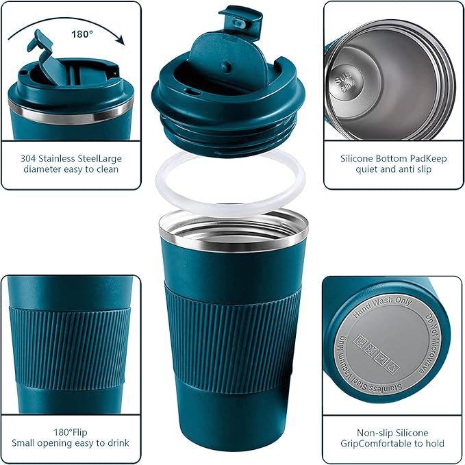 YINBAOGE Insulated Travel Coffee Mug Spill Proof Leak Proof Pobtable To Go Camping Stainless Steel Coffee Tumbler Reusable Coffee Cups with Lids Thermos for Hot and Cold Drink (Blue, 17 OZ)