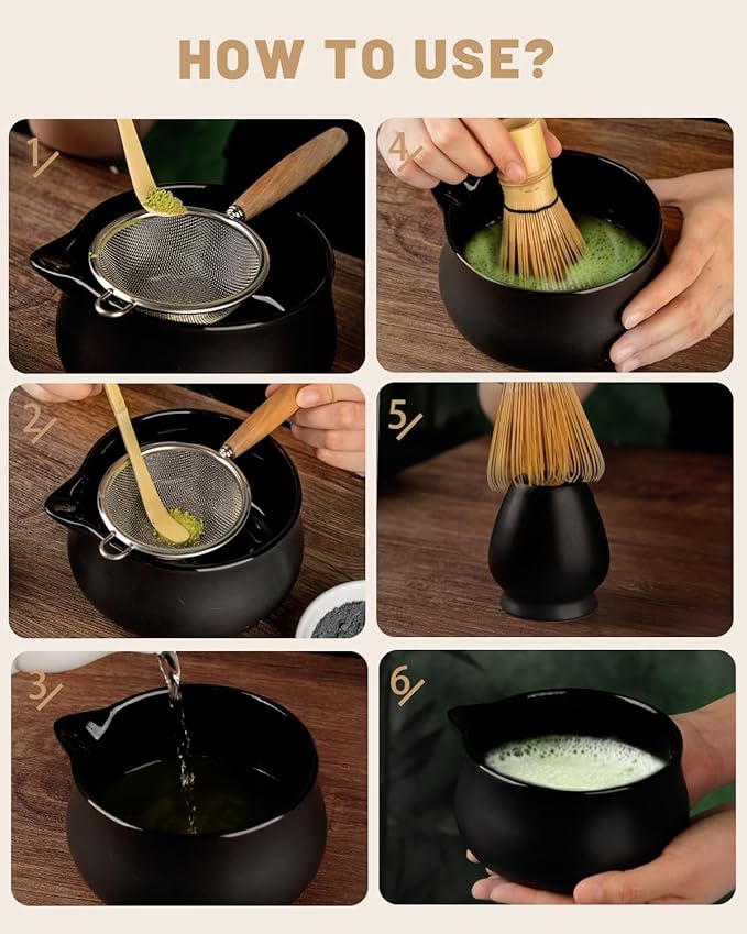 Nucookery Matcha Set - 5PCS Matcha Whisk Set, 18OZ Matcha Bowl (Chawan) with Spout, Matcha Whisk (Chasen) and Holder, Bamboo Matcha Scoop and Sifter, Matcha Kit/Tools/Accessories for Tea Ceremony