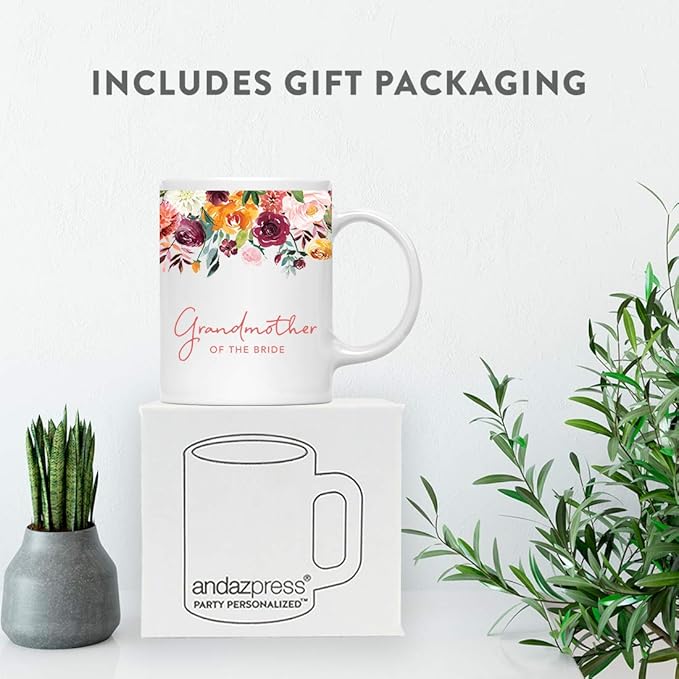 Andaz Press 11oz. Wedding Ceramic Coffee Tea Mug Gift, Fall Autumn Burgundy Orange Peach Flowers Roses Florals, Grandmother of the Bride, 1-Pack, Includes Gift Box