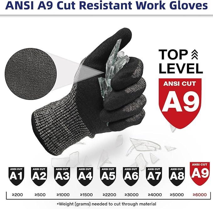 Schwer ProGuard Highest Level Cut Resistant Work Gloves PR3326 for Extreme Protection, ANSI A9 Cut Gloves with Reinforced Thumb, Non Slip, Cooling, Durable, Touch-screen, Non PFAS, Black 2 Pairs（S）