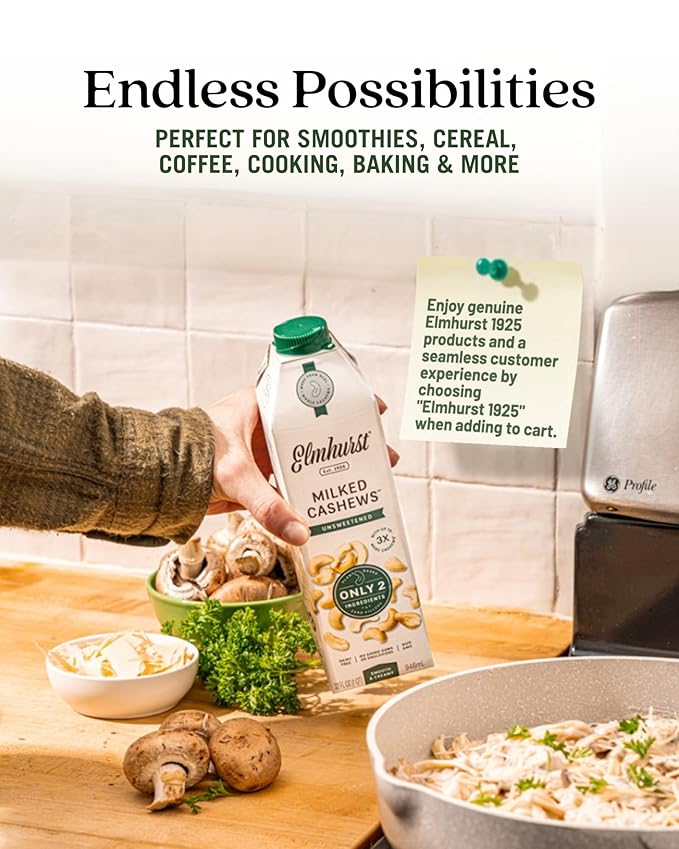 Elmhurst 1925 Cashew Milk Unsweetened - 32 Ounce (Pack of 6) Dairy-Free, Gluten-Free, Vegan, Kosher, Shelf Stable Milk Made with Water & Cashew for Healthier, Simpler Plant-Based Alternatives