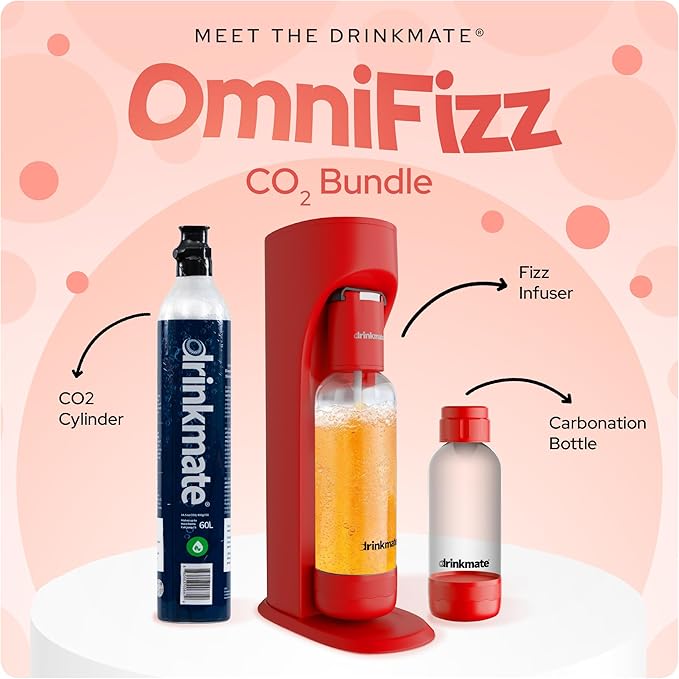 Drinkmate OmniFizz Sparkling Water and Soda Maker, Carbonates Any Drink, Special Bundle - Includes 60L CO2 Cylinder, Two Carbonation Bottles, and Fizz Infuser (Royal Red)