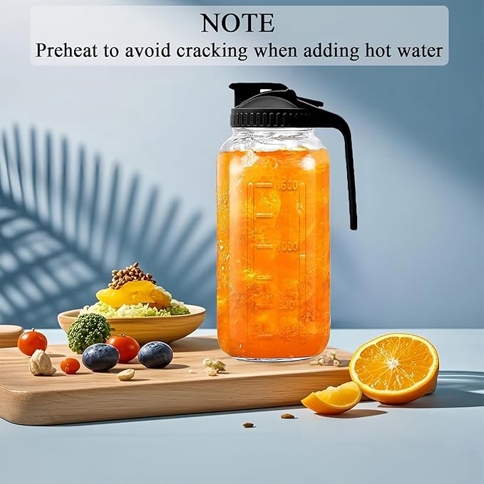 64oz Glass Pitcher Carafes With Handle and Lid, 2 Quart Mason Jar, Large Water Jug, Glass Containers for Fridge, Water Pitcher for Juice, Iced & Sun Tea, Cold Brew Coffee, Homemade Beverage