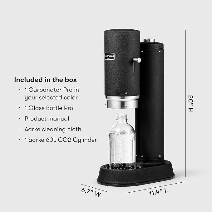 Aarke Carbonator Pro, Sparkling & Carbonation Water Machine, Stainless Steel with Glass Reusable Bottle Volume 800 mL/27 fl oz and CO2 Cylinder (Matte Black)