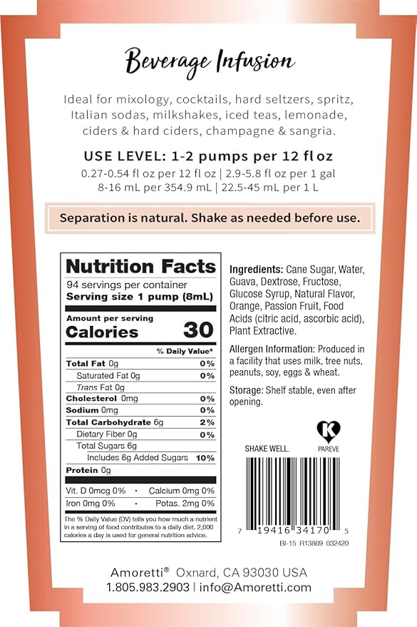 Amoretti - Passion Orange Guava Beverage Infusion, (10 lbs) - Drink Mix & Water Enhancer with Pump for Flavoring Cocktails, Waters, Teas, Mocktail, and other Beverages, Preservative Free, Gluten Free