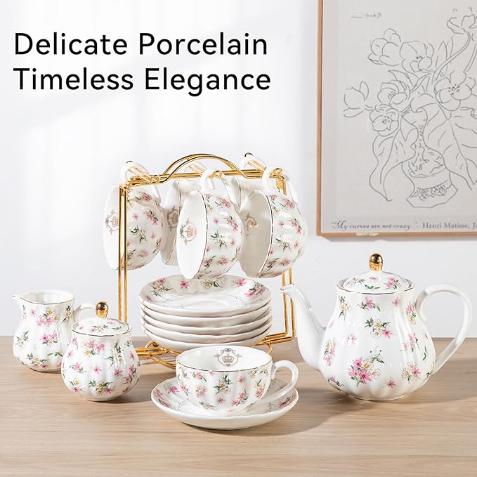 Porcelain Tea Sets British Royal Series, 8 OZ Cups & Saucer Service for 6, with Teapot Sugar Bowl Cream Pitcher Teaspoons and Tea Strainer, Suitable for High Tea, Wedding, Party（Spring Flowers）
