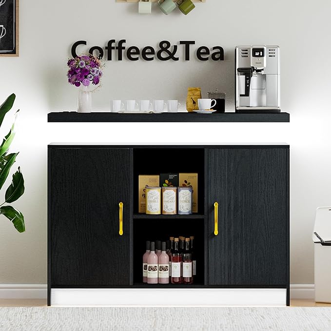 4 EVER WINNER LED Coffee Bar Cabinet, Sideboard Buffet Cabinets with Storage, Modern Cabinet with Charging Station, Black Coffee Bar for Kitchen, Dining Room