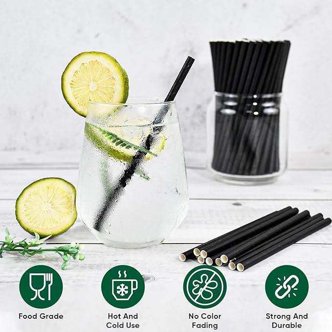 [400 Pack] Chunspak 5.75 inch Disposable Black Paper Cocktail Straws, Paper Bar Stirrers - Individually Wrapped