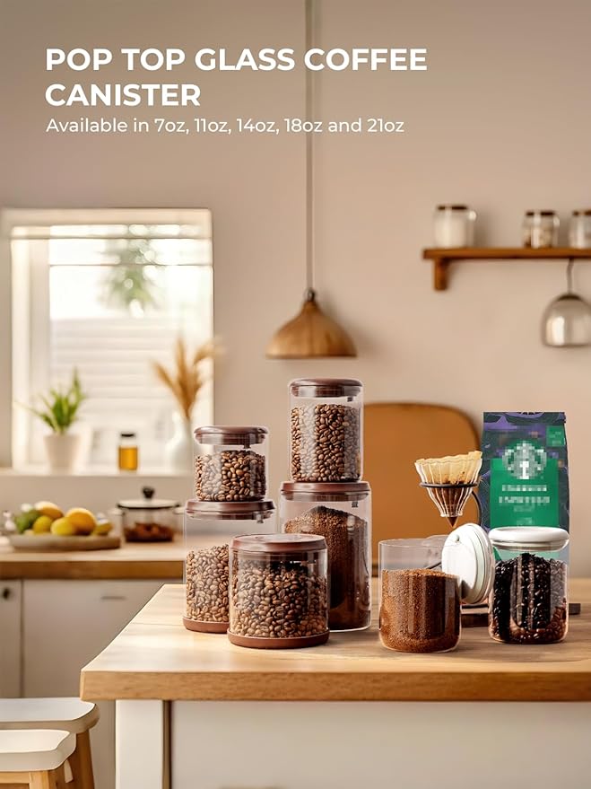 Coffee Canister, 2000ml Borosilicate Glass Airtight Coffee Containers for Ground Coffee with CO2-Release Valve - Large, 21 oz, Brown
