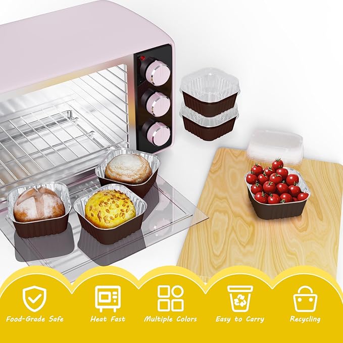50 Pack Square Mini Cake Pans with Lids,Mini Loaf Pans with Lids,Aluminum Foil Baking Cups,Disposable Ramekins Cupcake Cups,Dessert Cups for Wedding Birthday Party Picnics,5oz (Coffee)