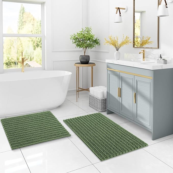 Arotive Luxury Chenille Bathroom Rug Mat, Extra Soft Thick Absorbent Shaggy Bath Rugs, Non-Slip Machine Wash Dry, Plush Bath Mats for Bathroom, Shower and Tub, 34x21, Olive Green