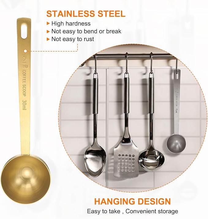HARFINGTON 3pcs Coffee Scoop Spoon 2tbsp (6tsp, 30ml) 304 Stainless Steel Long Handle Teaspoon/Tablespoon Measuring Spoons Scoops for Tea Sugar Kitchen, Gold