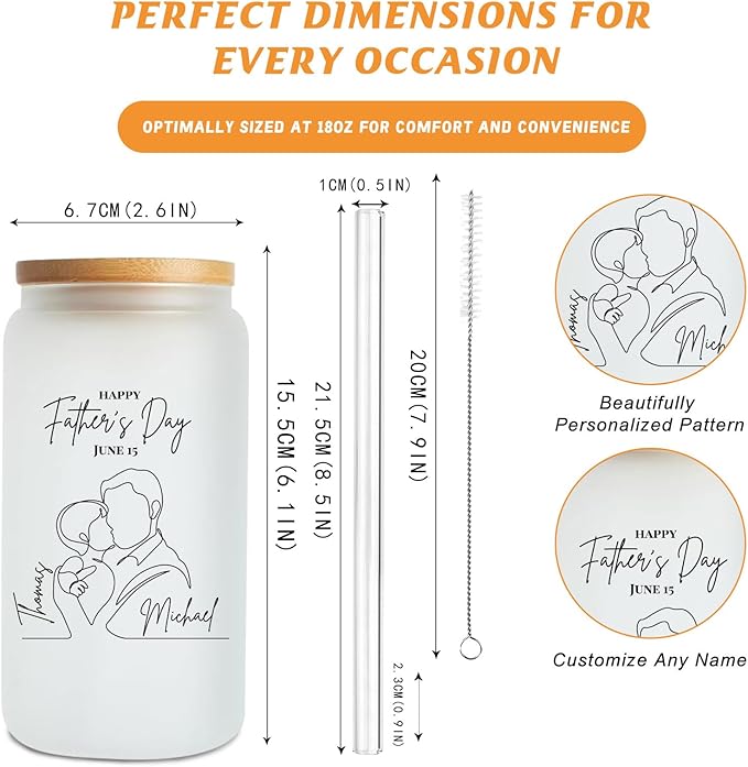 Mason Life Personalized Glass Cup with Name-Can Shaped Glass with Lids and Straws-18OZ Iced Coffee Cups (DAD)