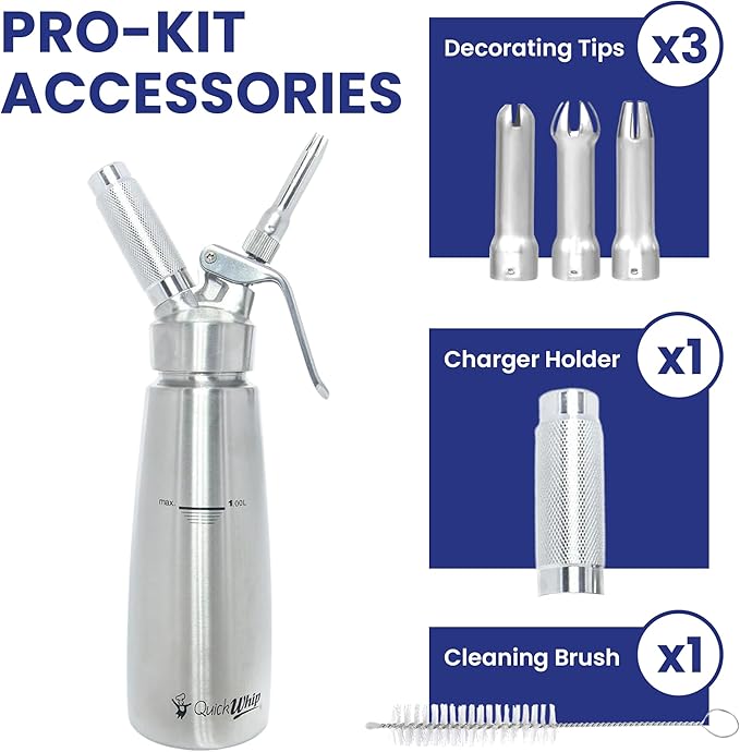 Stainless Steel Whipped Cream Dispenser, Professional Grade Whipper, Full Canister, with 3 Decorating Tip Nozzels, Ideal for Baking, Desserts, & Culinary Creations (1L)