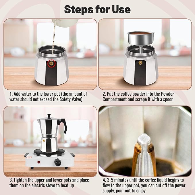 6 Cup Aluminum Moka Pot Classic Stovetop Espresso Coffee Maker 300ml 10oz Coffee maker Percolator Mocha Pot Greca Coffee Maker Cafe Makers for Italian and Cuban Café Brewing Silver