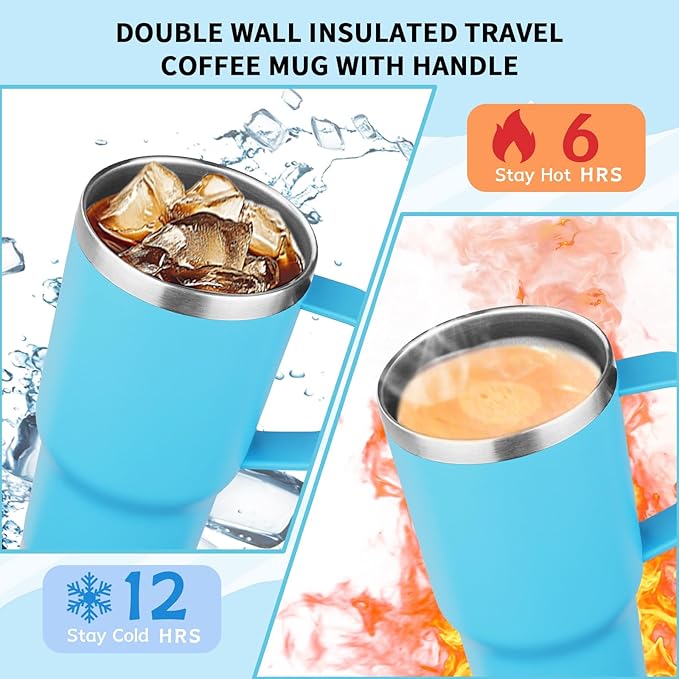 20oz Insulated Tumbler with Handle Stainless Steel Travel Coffee Mug with Lid and Straw Double Wall Vacuum Leak-proof Reusable Thermal Water Cup for Hot and Cold Drinks (Sky blue,1 Pack)