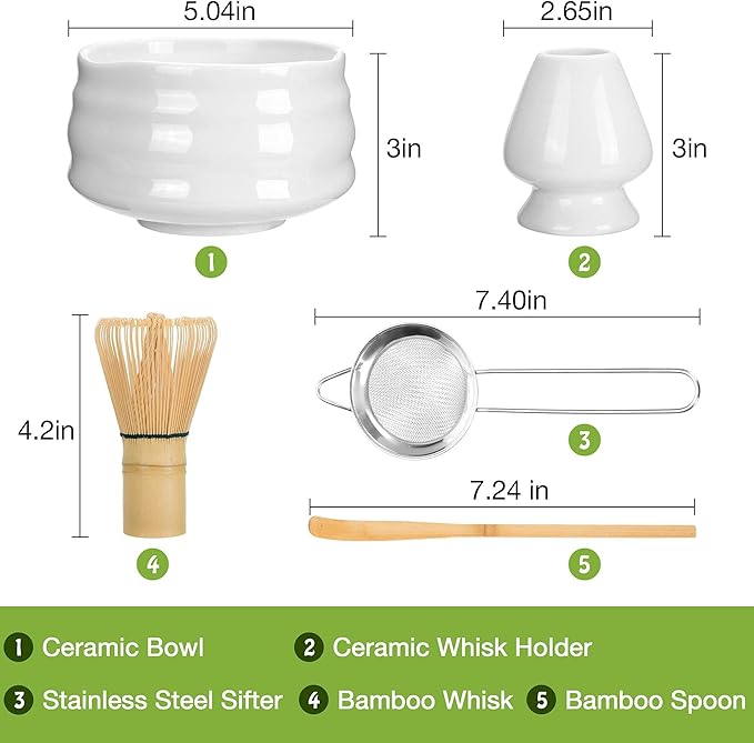 Marce Matcha Whisk Set- Matcha Set includes Matcha Bowl, Sifter, Holder and Scoop- The Perfect Bamboo Whisk for Matcha Tea (White)