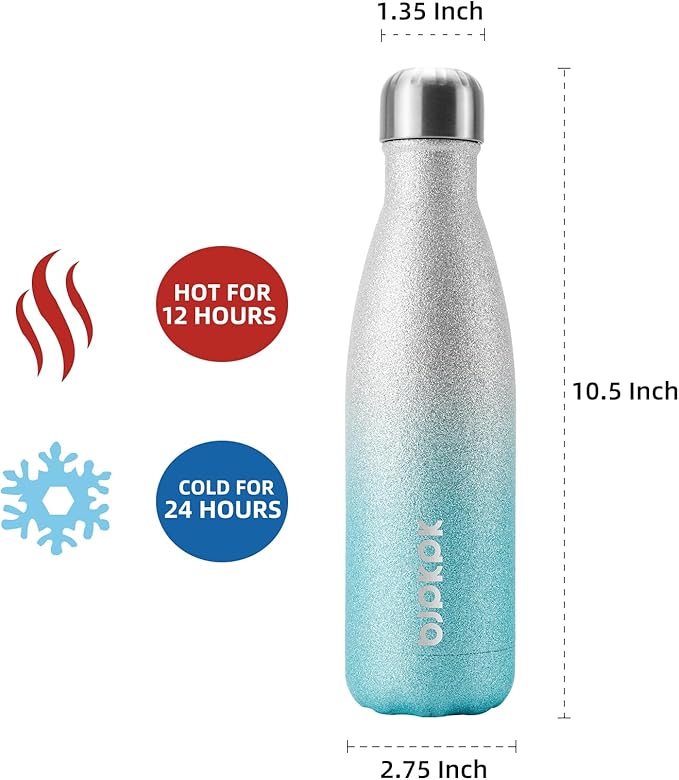 BJPKPK Insulated Water Bottles 17oz Stainless Steel Sports Water Bottles Keep Cold for 24 Hours and Hot for 12 Hours,BPA Free,Glitter Silver Blue