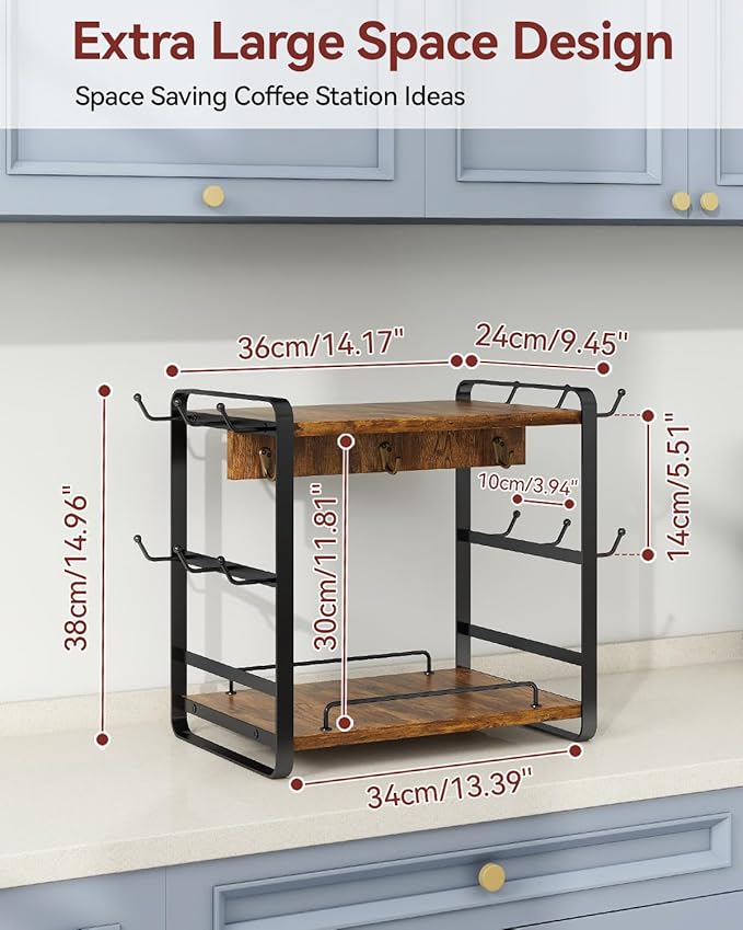 IBUYKE Coffee Bar Station Countertop Organizer,2 Tier Kitchen Mug Cup Holder Stand,Wooden Coffee Mug Organizer with 18 Hooks,Multifunctional Mug Tree for Home Kitchen, Office,Vintage Brown UTBJ006H
