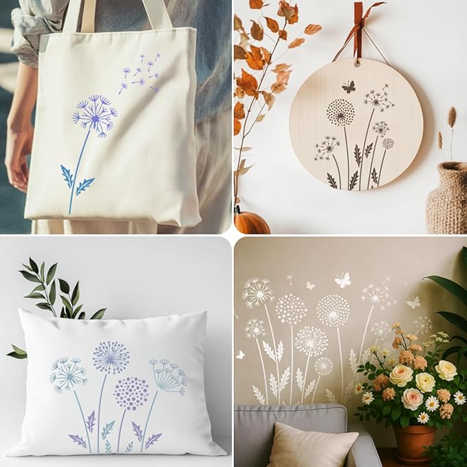 12PCS Large Flower Stencils for Painting 12 x 12 Inch Dandelion Stencil with Brushes Dandelion Floral Stencils for Wood Fence Butterfly Paint Template for Walls Garden Fence Furniture