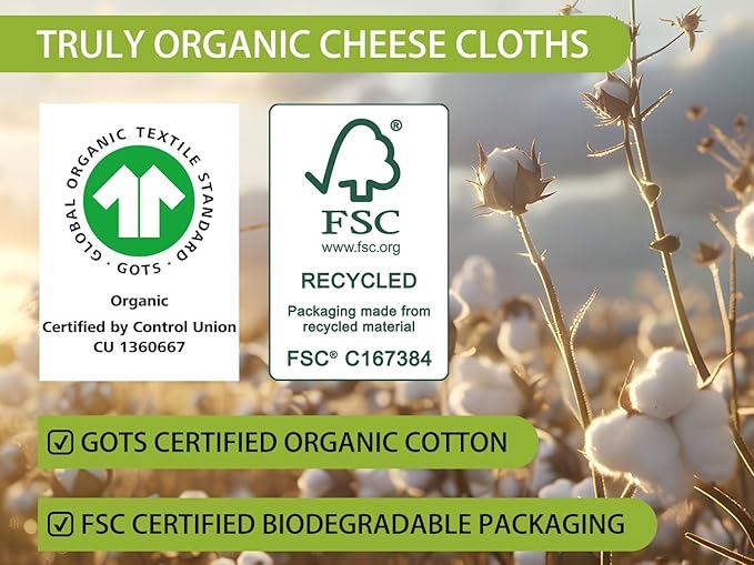 Organic Cheese Cloths, GOTS Certified, Grade 100,20x20Inch Hemmed Cheese Cloth Reusable Muslin Cheesecloth for Straining, 100% Cotton Unbleached Fine Mesh Cloth Cheese Cloths for Cooking,Sushi,Juicing