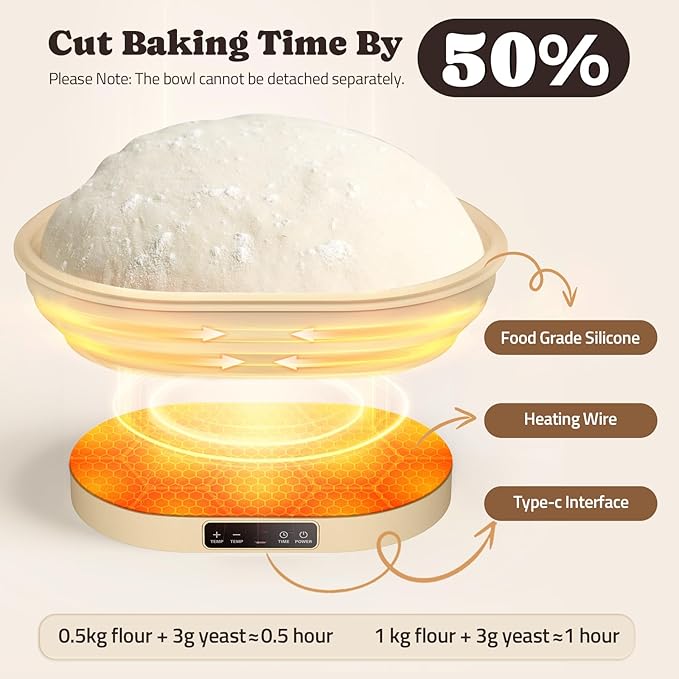 Heating Sourdough Bread Proofing Basket, 4L Electric Thermostatic Silicone Oval Banneton Proofing Bowl with 6 Timer & Temp Settings for Dough Rising, Dishwasher Safe, Foldable Sourdough Starter Bowl