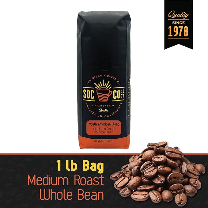 San Diego Coffee South American Blend, Medium Roast, Whole Bean Coffee, 16-Ounce Bag Café en grano tostado