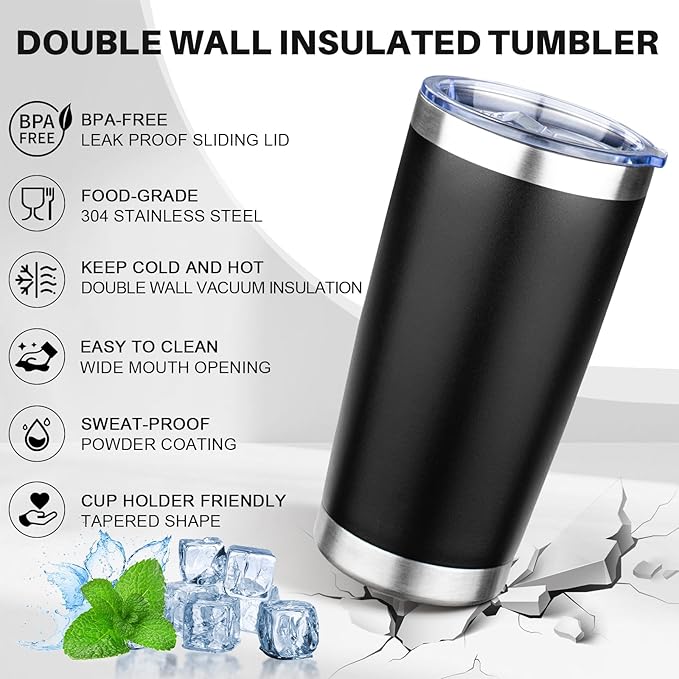 20oz Tumbler with Lid Double Wall Vacuum Insulated Travel Coffee Mug Stainless Steel Thermal Cup Powder Coated Sturdy Coffee Tumbler Bulk for Hot and Cold Beverage (Black,6)