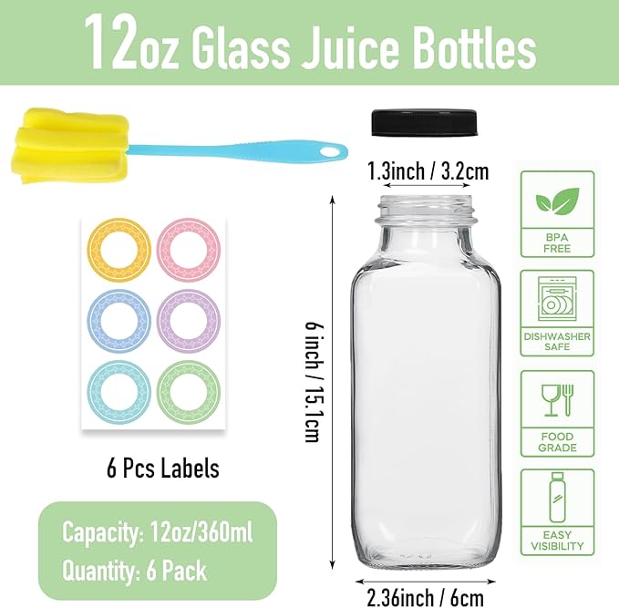 6 Pack 12oz Glass Water Bottles, 350ml Empty Glass Juice Bottles with Black Lids, Brush & Labels, Clear Reusable Drinking Jars for Juicing, Homemade Smoothies, Beverages