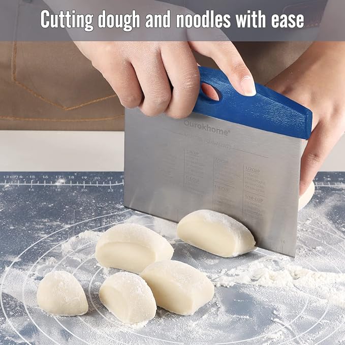 Ourokhome Dough Pastry Bench Cutter Scraper, Stainless Steel Pizza Cutter for Kitchen Baking, Dishwasher Safe, Anti-Wear Laser-Engraved Measuring Scale and Conversion Chart, 2 Pack, Blue