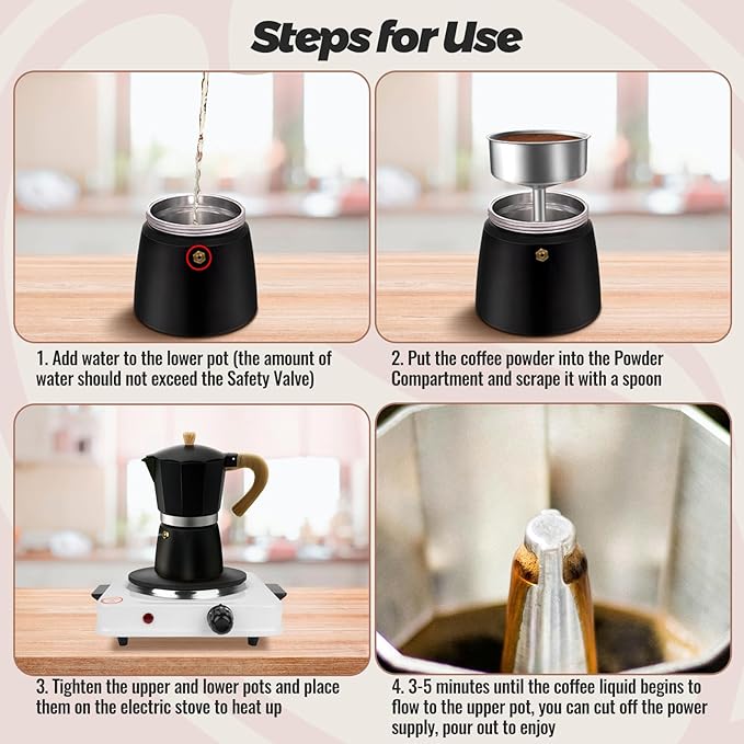 6 Cup Aluminum Moka Pot Classic Stovetop Espresso Coffee Maker 300ml 10oz Coffeemaker Percolator Mocha Pot Greca Coffee Maker Cafe Makers for Italian and Cuban Café Brewing Black