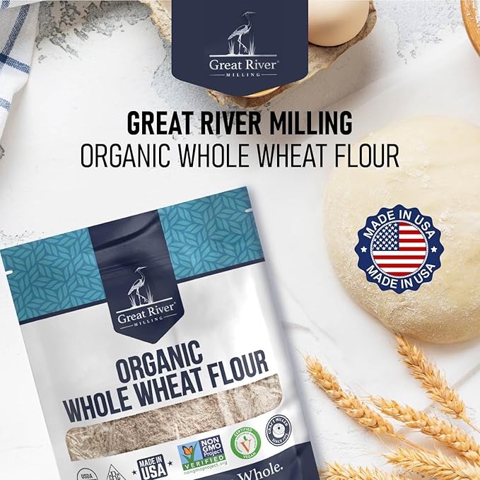 Great River Milling Organic Whole Wheat Flour | Unbleached & Unbromated | High Protein & Fiber | Non-GMO, Kosher | Perfect for Sourdough, Bread, Rolls, Baking, Cooking & More | 2 Lb