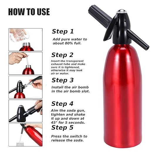 AstraLoom Soda Siphon,1L Portable Nostalgic Seltzer Water Maker Kit, Aluminum Sparkling Water Maker for Carbonated Drinks/Juices/Cocktails, Use 8 gram CO2 Cartridges (Not Included) (Red)
