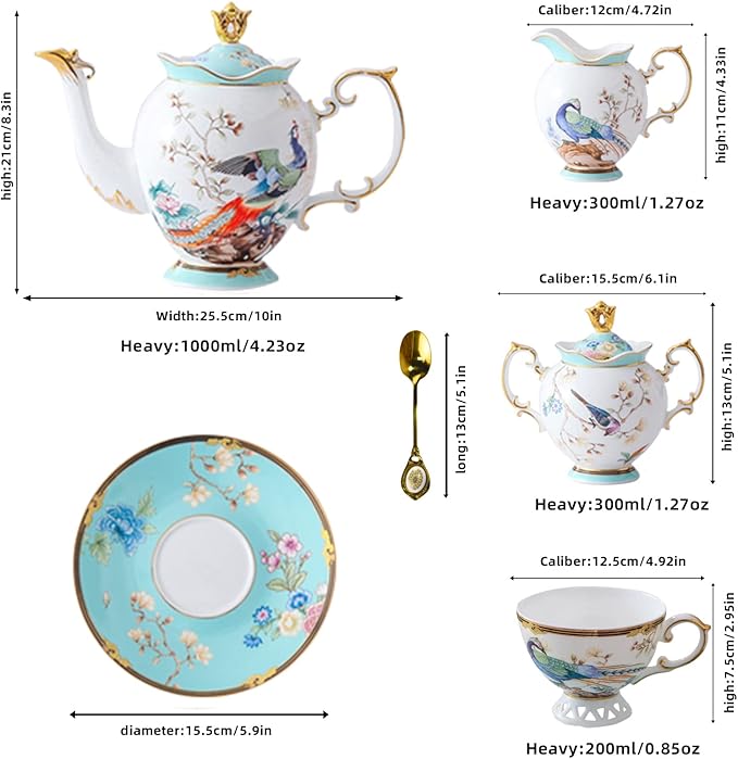 ACMLIFE Fine Bone China Tea Set with Teapot, Porcelain Tea Sets for Adults, 21-Piece Vintage Tea Set for 6, 24K Gold Blue English Floral British China Tea Sets for Women Tea Party for Gifts