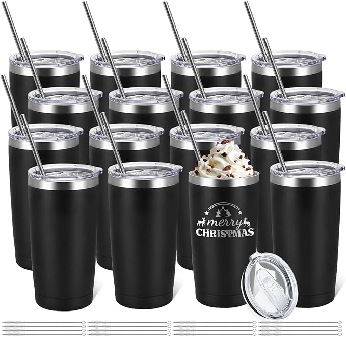 16 Pack Stainless Steel Tumbler Bulk Insulated Vacuum Travel Mug Powder Coated Coffee Mug Gift for Laser Engrave, 20oz Black