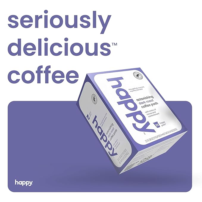 happy coffee dark roast coffee pods, 22 count, notes of cocoa & contentment, compatible with most K-cup brewers, rainforest alliance certified