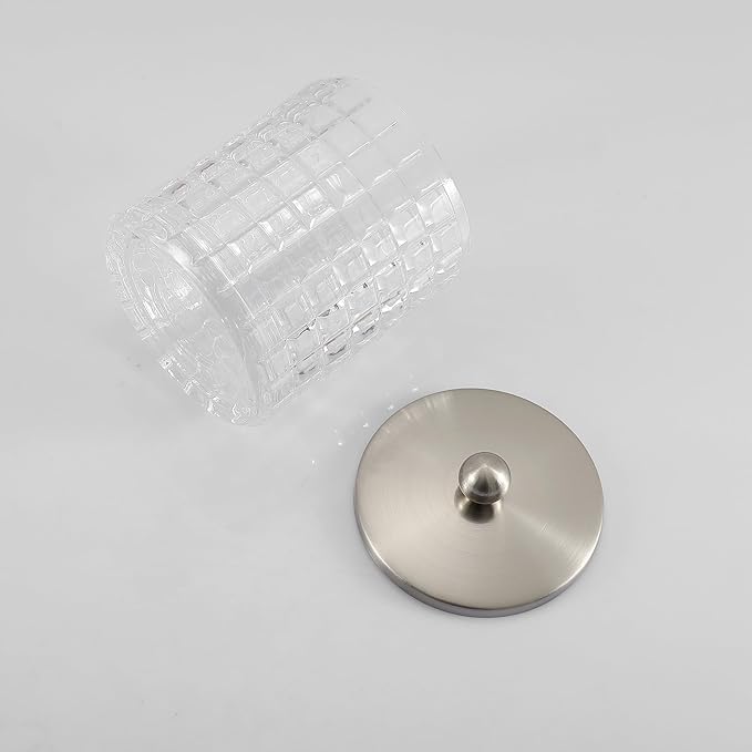 Glass Jar with Metal Lid for Bathroom Organization, Clear Apothecary Jar for Cotton Balls, Q Tips, and Small Accessories, Stylish Bathroom Storage Container Clear, Nickel