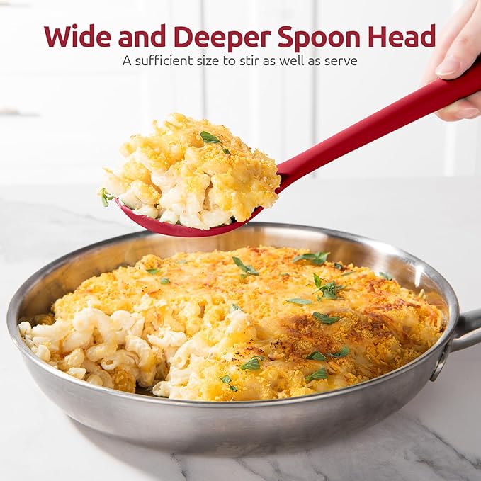 600ºF Heat Resistant Silicone Spoon: U-Taste 13.3in Solid Kitchen Cooking Spoon, Nonstick Food Grade Large & Long Soup Rubber Utensil for Mixing, Serving, Stirring, Basting, for Pot Cookware (Red)