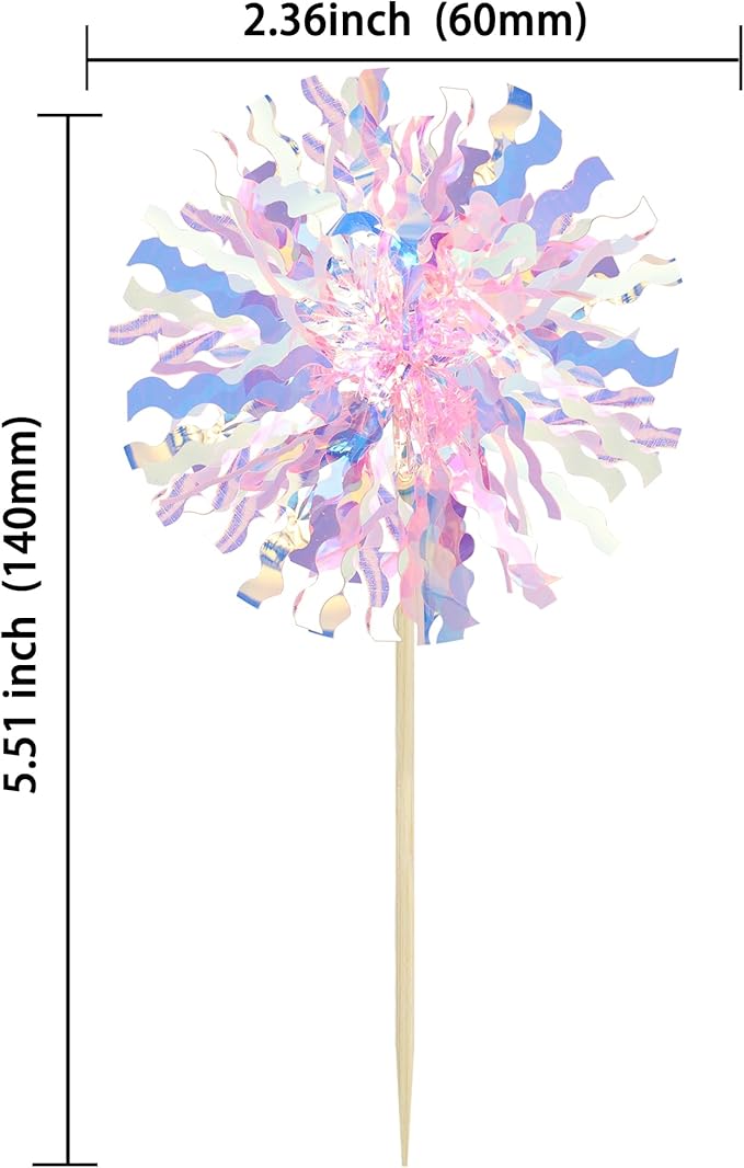 Ephlyn 30Pcs Foil Firework Cupcake Toppers Firework Cake Toppers Tinsel Flower Drink Stirrers Cocktail Food Fruit Toothpicks for Valentine's Day Party Decorations Pink
