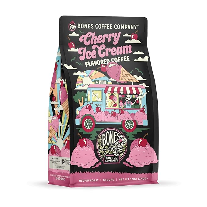 Bones Coffee Company Cherry Ice Cream Flavored Coffee, Medium Roast Low Acid Arabica Beans Compatible with Auto drip and French Press Coffee Maker, 12 Oz Ground