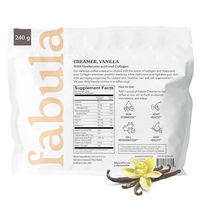 Fabula Collagen Creamer for Coffee with Hyaluronic Acid, MCT Oil, made with Organic Coconut Milk, Vanilla Flavored, Non Dairy, Sugar Free Creamer, 8.5 Oz