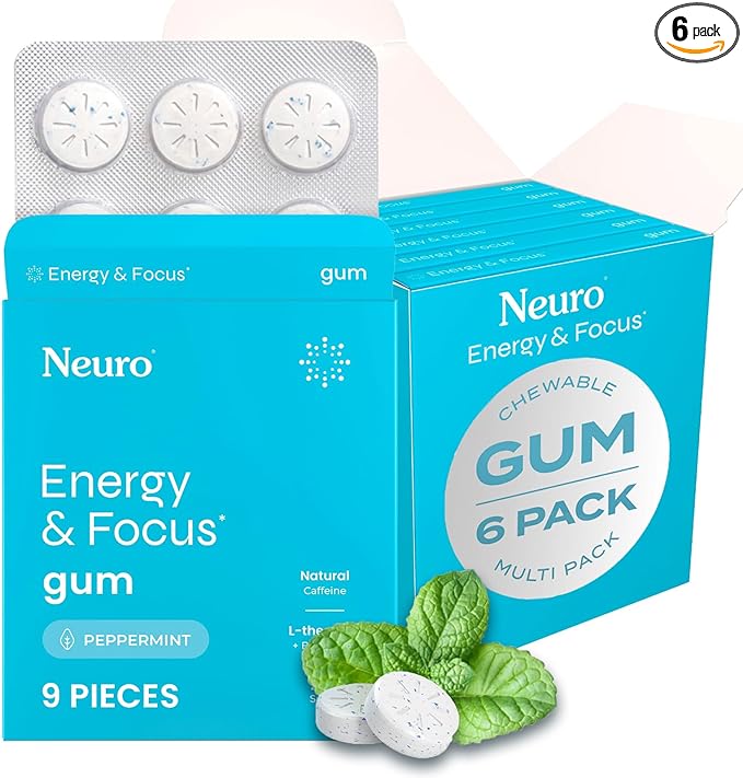 NeuroGum Energy & Focus Gum (Peppermint, 54 Pieces) | 40mg Natural Caffeine + L-Theanine + Vitamin B12 & B6 + Xylitol | Sugar Free Nootropic Cognitive Brain Performance Supplement
