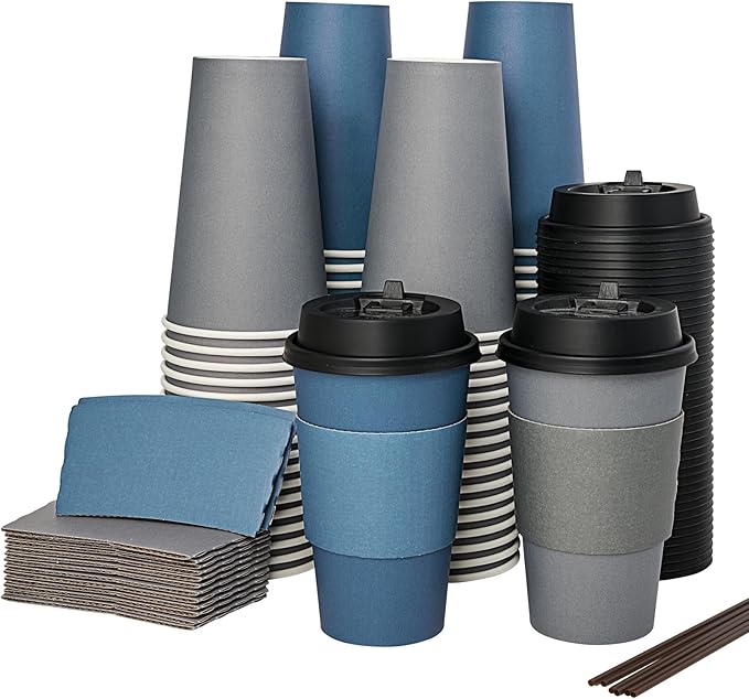 LITOPAK 100 Pack 16 oz Disposable Paper Coffee Cups with Lids, Sleeves and Stirring Sticks for Hot Coffee, Water or Juice, Blue and Gray Hot Paper Cups for Cafes, schools, offices, shops
