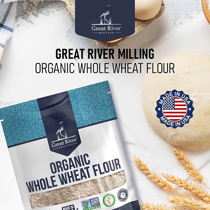 Great River Organic Milling Organic Whole Wheat Flour | Unbleached & Unbromated | High Protein & Fiber | Non-GMO, Kosher | Perfect for Sourdough, Bread, Rolls & Baking | 5 Lb