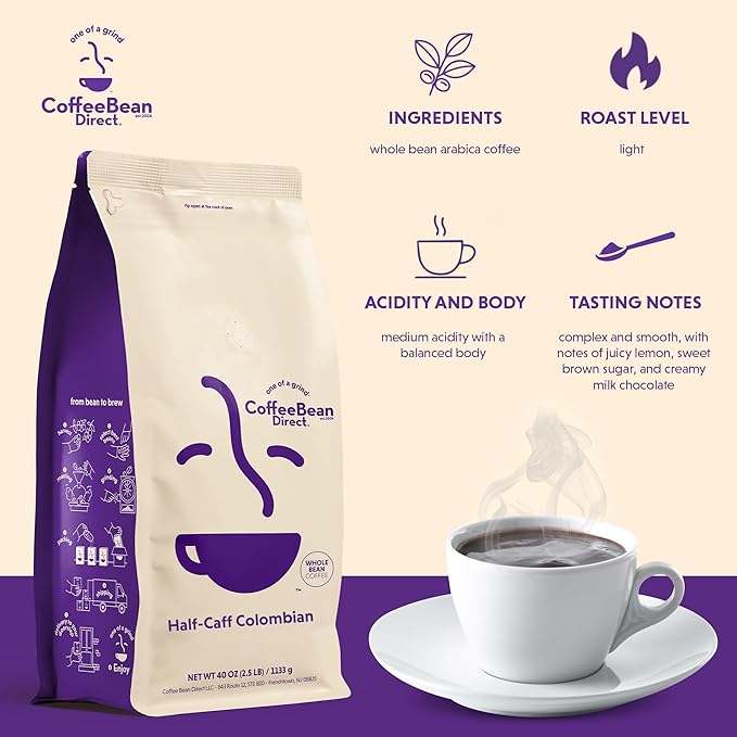 Coffee Bean Direct Half-Caff Colombian, Whole Bean Coffee, Light Roast, 2.5 Pound Bag (Pack of 1)